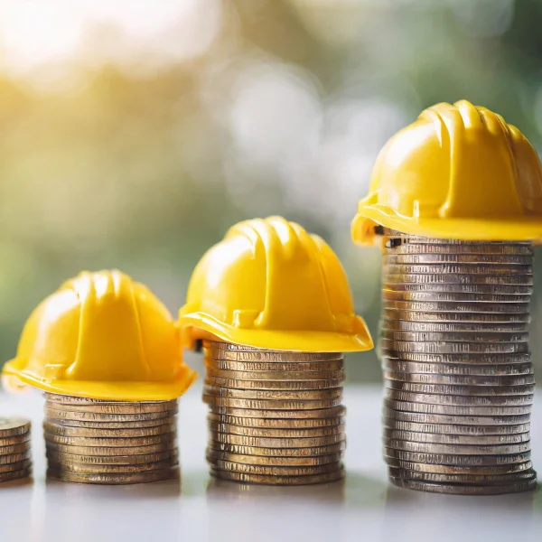 Un groupe de pièces de monnaie surmontées de casques de chantier, symbolisant l'estimation des coûts.