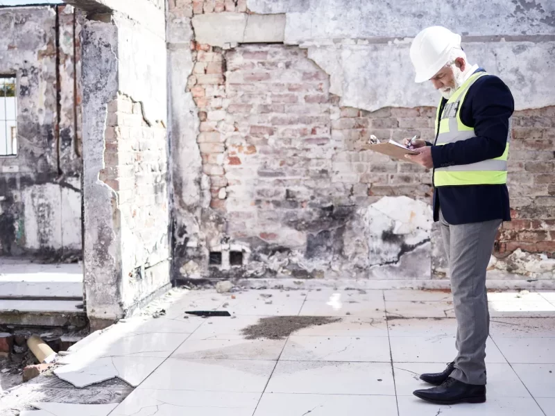 Un homme en casque et gilet se tient dans un vieux bâtiment, observant l'environnement autour de lui.