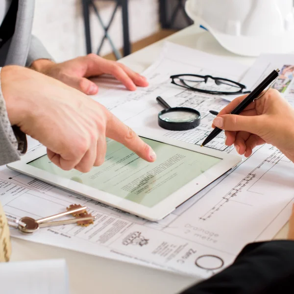 Deux personnes travaillent sur une tablette, tenant un stylo, dans le cadre d'un projet de construction permis.