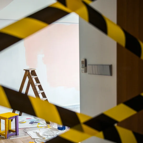 Une pièce avec du ruban de caution jaune et une échelle, indiquant une zone potentiellement dangereuse.