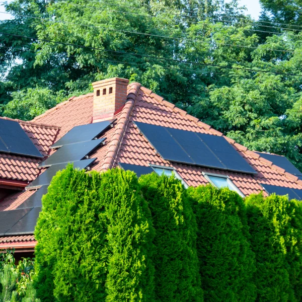 Panneaux solaires installés sur le toit d'une maison dans le cadre d'une rénovation écologique.