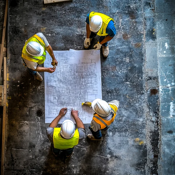 Trois ouvriers de construction se tiennent sur un chantier, portant des casques et des gilets de sécurité.