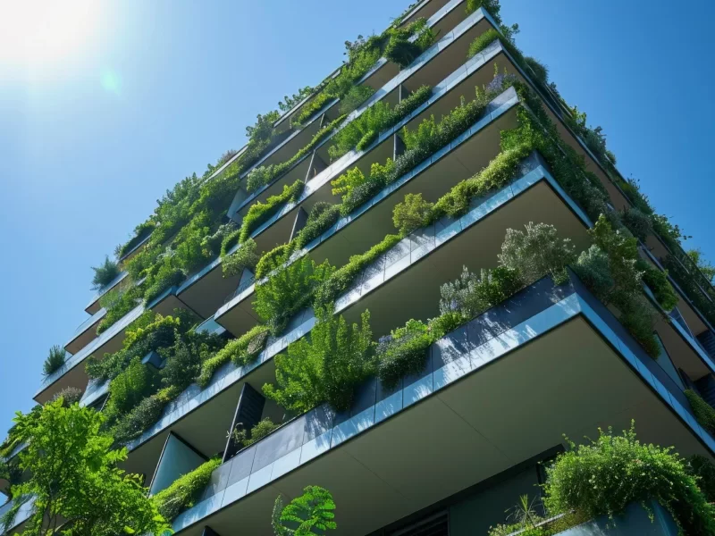 Un grand bâtiment avec des plantes grimpantes sur sa façade, illustrant une approche durable en gestion de projet.