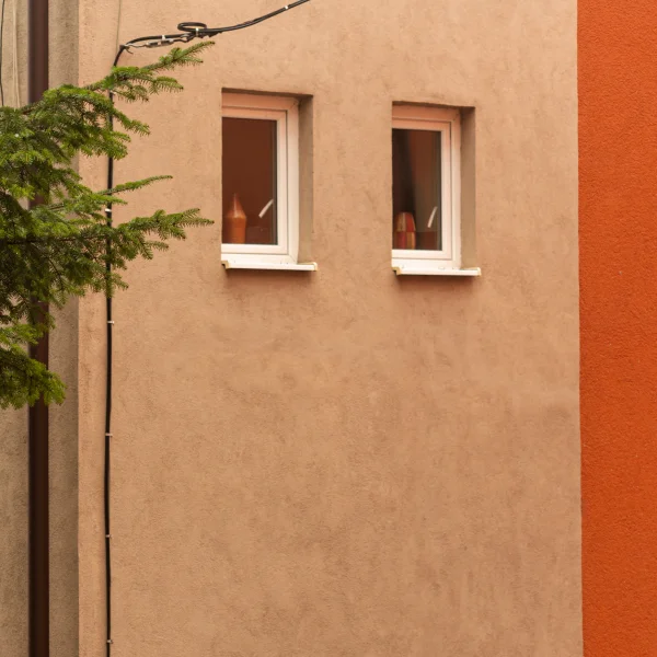 Un arbre devant un bâtiment, mettant en valeur les matériaux de construction utilisés.