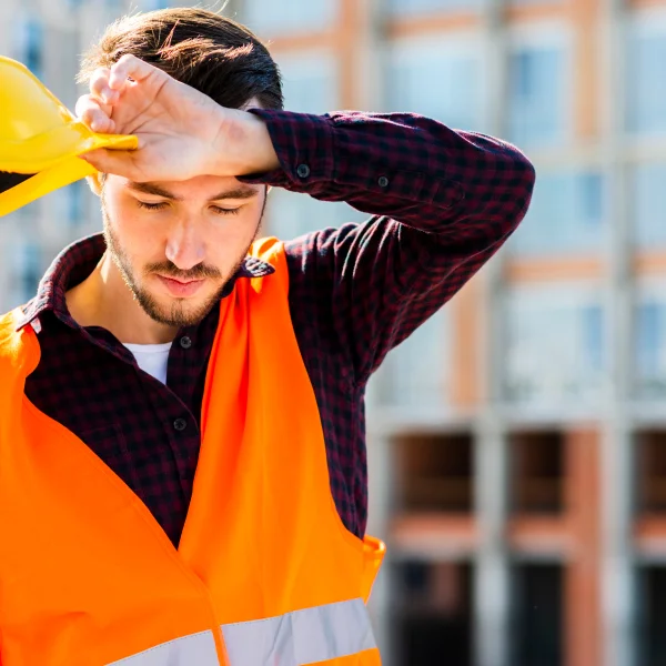 Un homme en gilet orange et casque de sécurité se tient la tête, visiblement préoccupé par une erreur.