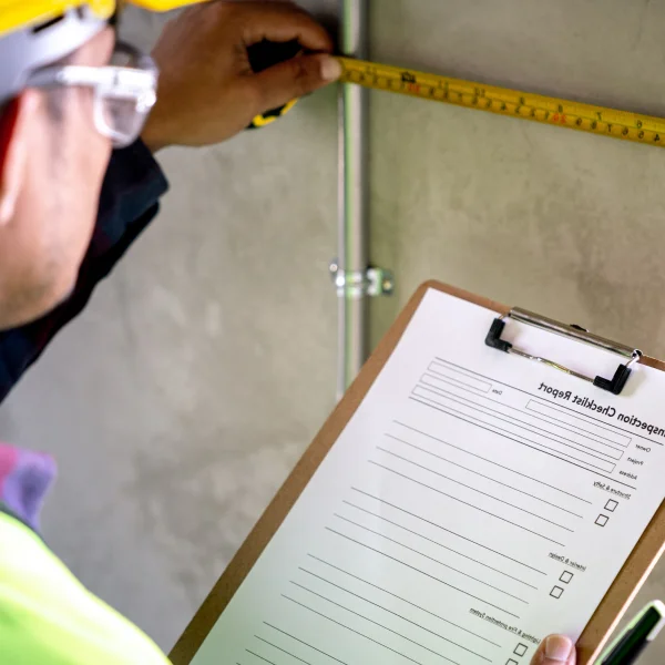 Un travailleur de la construction tient un clipboard avec une règle, représentant un entrepreneur général en action.