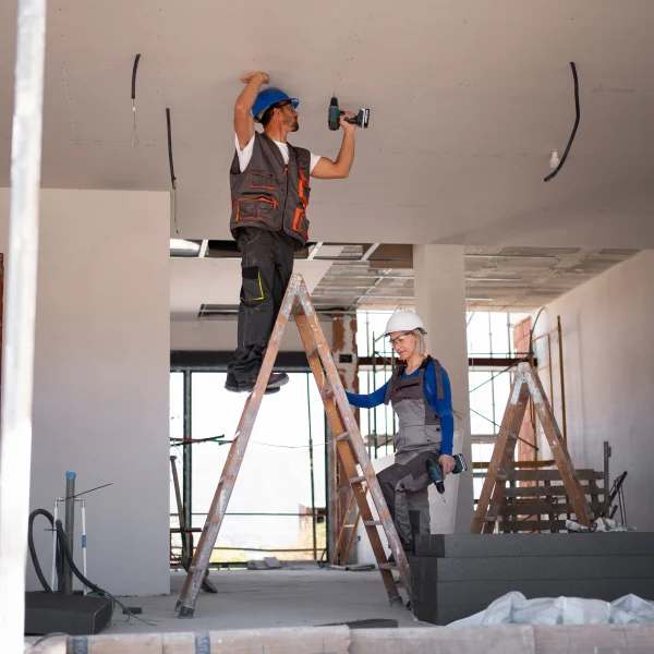Deux hommes sur une échelle, travaillant ensemble sur un projet de rénovation.