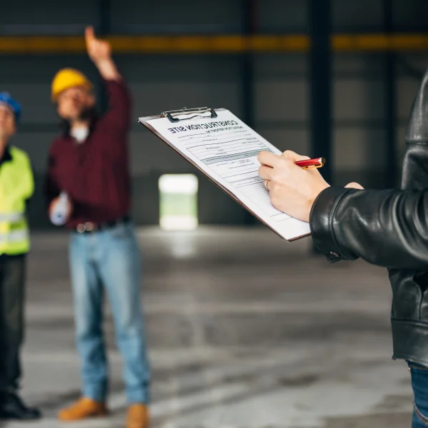 Un homme tenant un clipboard dans un entrepôt, entouré d'autres travailleurs de la construction Permis.