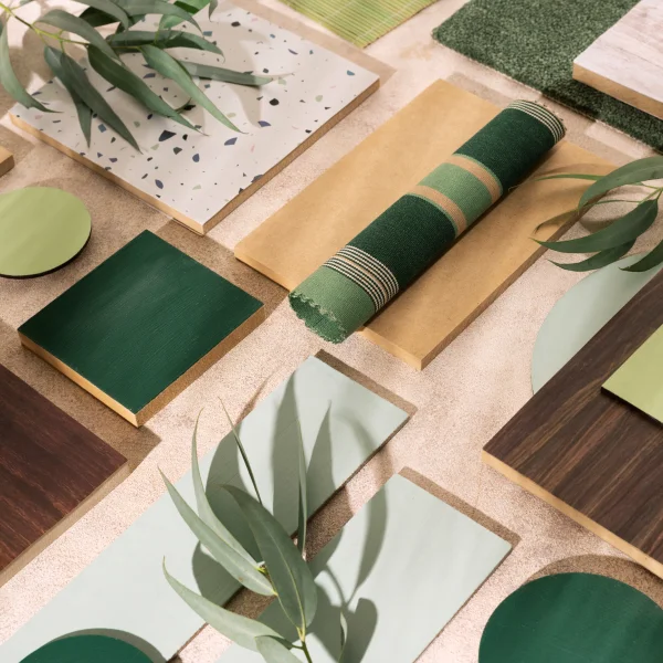 Une variété de matériaux verts et bruns disposés sur une table, illustrant une approche de rénovation écologique.